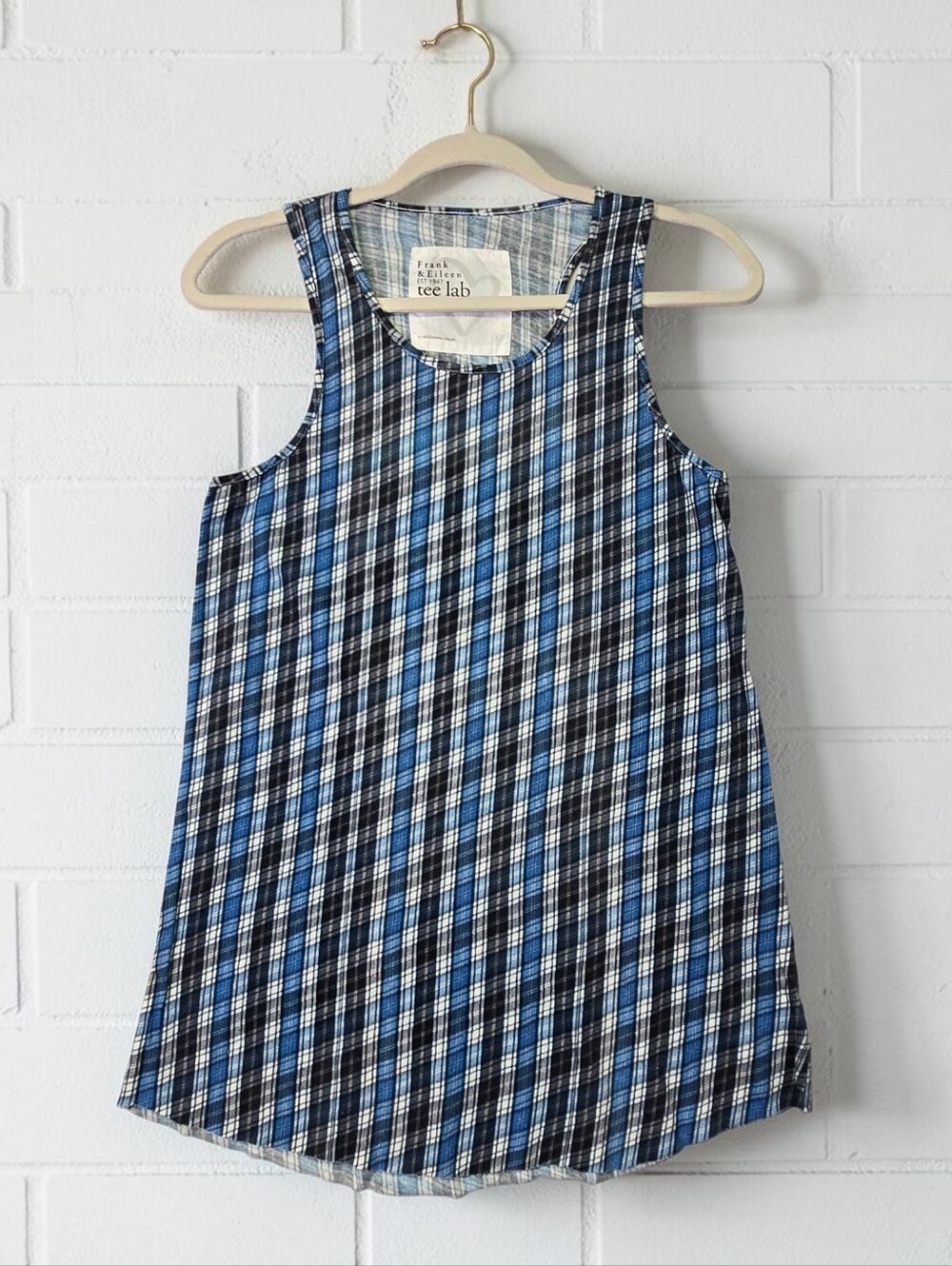 Frank & Eileen Tee Lab Tank Size Small Blue Black White Check Racerback Cotton